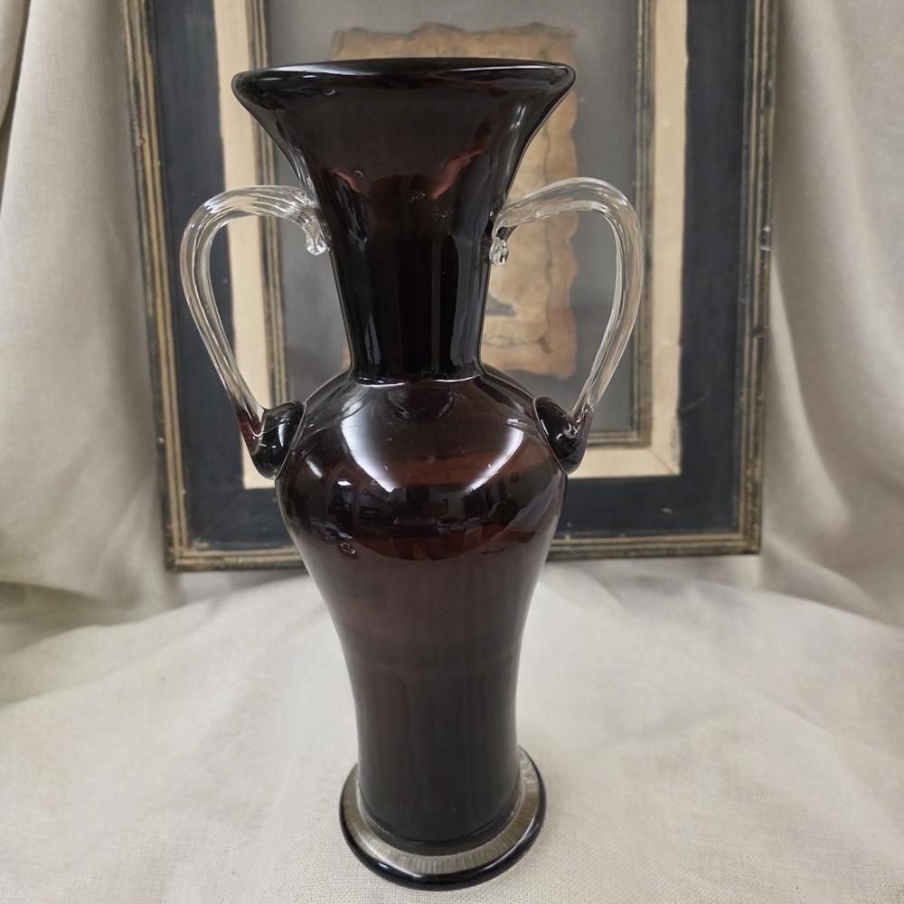 Elegant 13" Heavy Dark Purplish/Maroon Glass Vase with Clear Spiral Handles